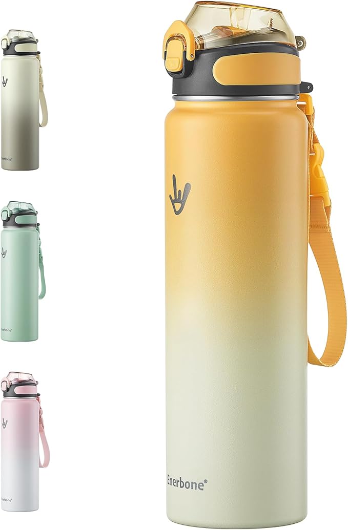 Enerbone 32 oz Insulated Water Bottle, Stainless Steel Bottle with Carrying Strap, Double-Wall Vacuum Insulation Design, Leakproof Sports Bottle with Straw, Keep Drinks Cold or Hot for Hours