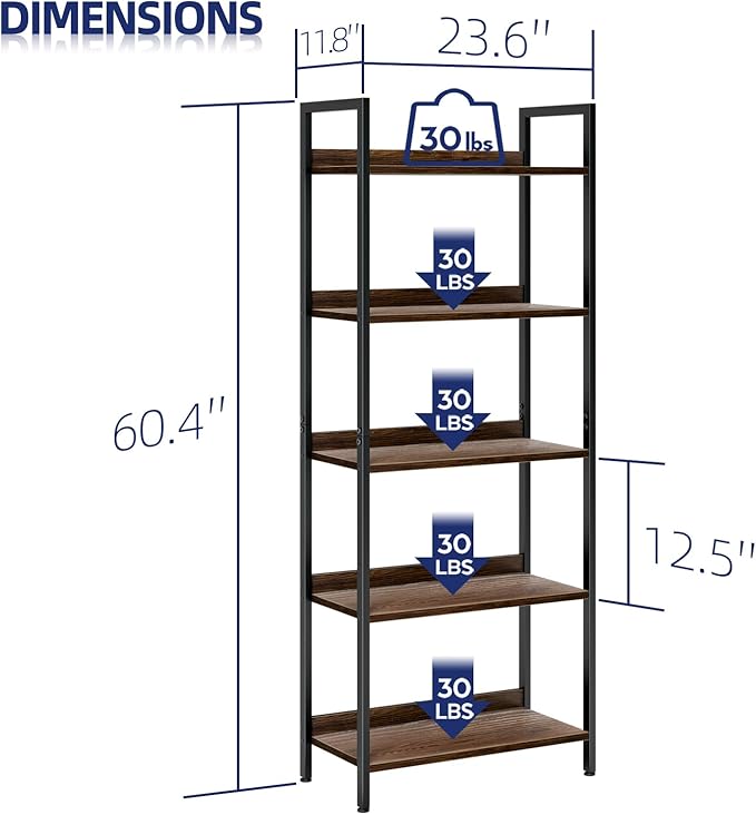NUMENN Bookshelf, 5 Tier Bookshelves, Home Office Bookcase Shelf Storage Organizer, Free Standing Storage Shelving Unit for Bedroom, Living Room and Home Office, Dark Walnut
