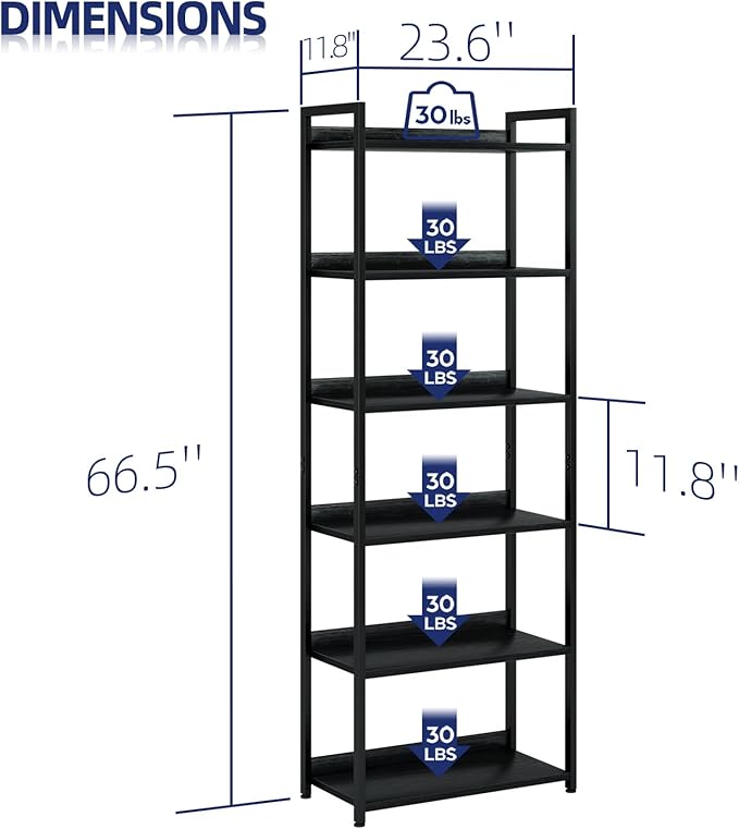 NUMENN Bookshelf, 6 Tier Bookshelves, Home Office Bookcase Shelf Storage Organizer, Free Standing Storage Shelving Unit for Bedroom, Living Room and Home Office, Black