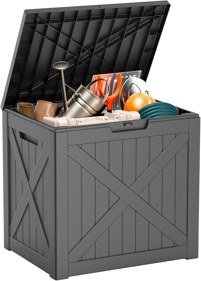 Vixzen 32 Gallon Resin Deck Box - Lockable Outdoor Storage for Patio Cushions, Garden Tools, Pool Supplies，Black