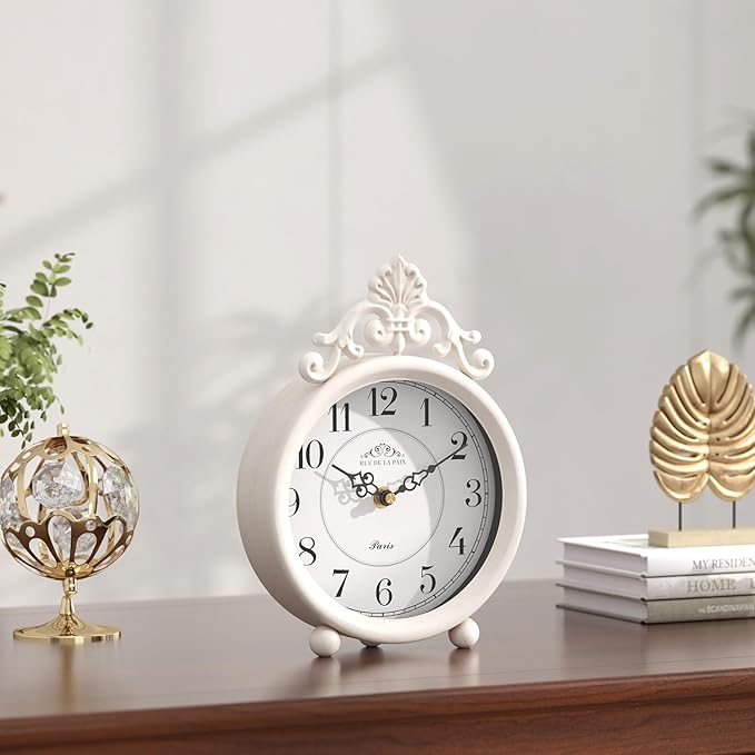 Vintage White Table Clock, Desk and Shelf Mantel Clock, French Rustic Antique Style Decor Clocks, for Farmhouse, Bedroom, Living Room, Bedside, Gift (9" H x 6.3" W)
