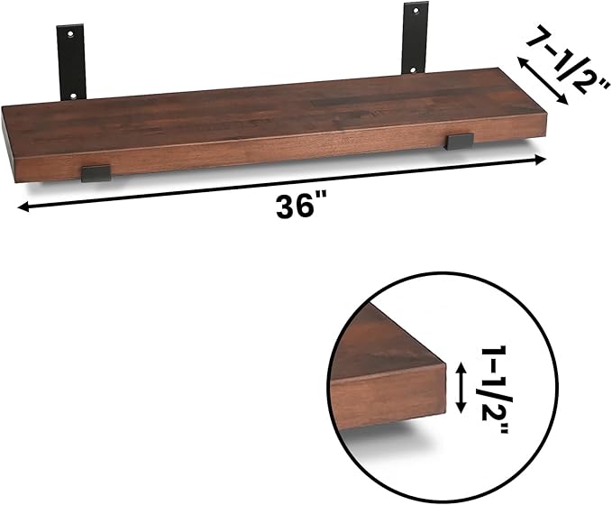 CONSDAN Floating Shelf for Wall Mounted Book Shelf Hanging Shelves Floating Bookshelf for Bedroom, Bathroom, Living Room, Kitchen USA Grown Solid Hardwood, Dark Maple 36x7.5x1.5 in