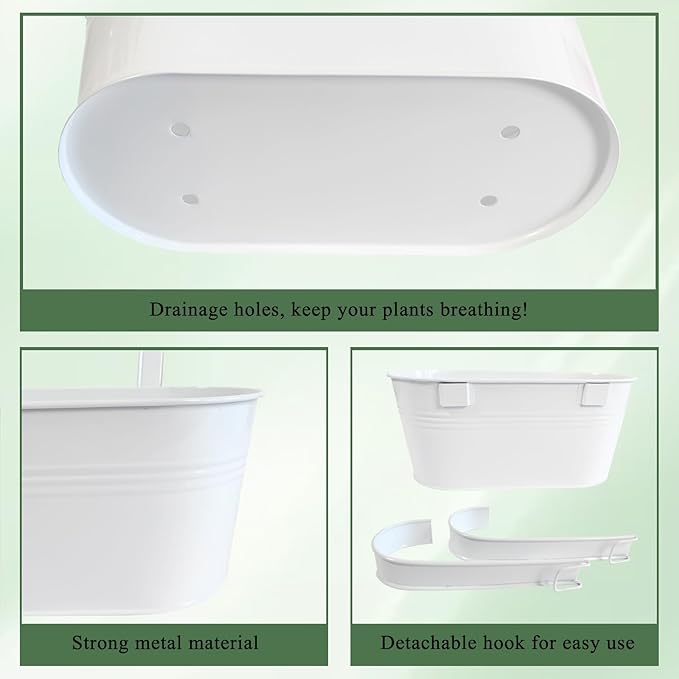 10" Hanging Flower Pots, Pack of 6 White Metal Outdoor Patio Balcony Planter, Railing Planters Fence Pot with Detachable Hook & Drainage Hole for Small Plants (White, 6Pcs)