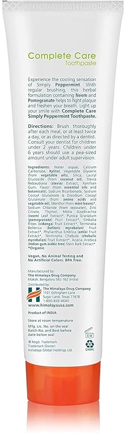 Himalaya Botanique Complete Care Toothpaste, Herbal, Peppermint Flavor, Fights Plaque, Freshens Breath, Fluoride Free, No Artificial Flavors, SLS Free, Cruelty Free, Foaming, 5.29 Oz, 1 Pack