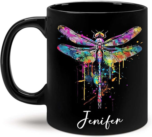Colorful Dragonfly Ceramic Cup - Personalized Name Coffee Mug for Birthday, Gift for Son Daughter, Customized Black Animal Mug, Dragonfly Lover Cup 11oz 15oz