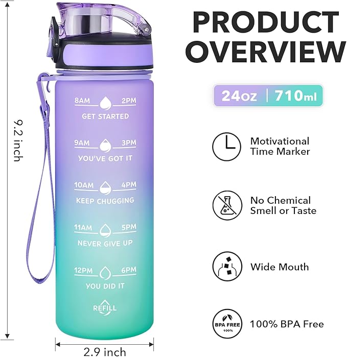 Enerbone Water Bottle, Leakproof BPA & Toxic Free, Motivational Water Bottle with Times to Drink and Straw, Fitness Sports Water Bottle with Strap for Office, Gym, Outdoor Sports