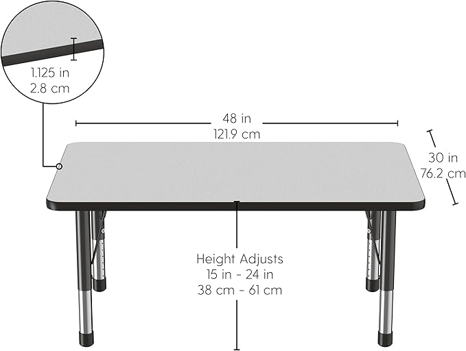FDP Rectangle Activity School and Classroom Kids Table (30 x 48 inch), Chunky Toddler Legs, Adjustable Height 15-24 inches - Gray Top and Black Edge