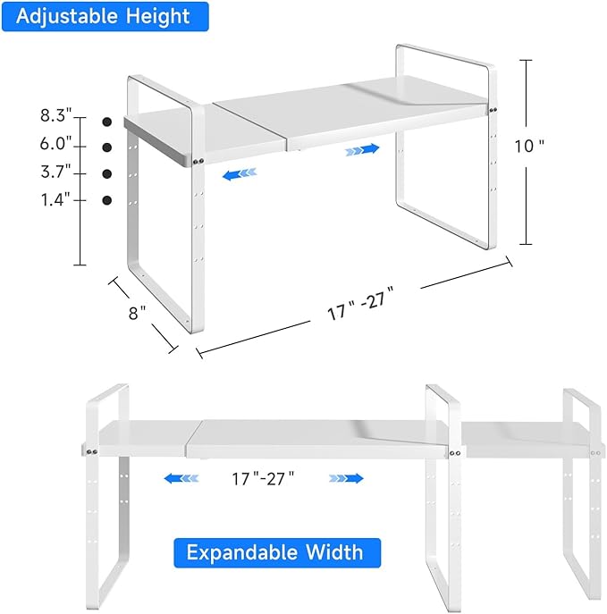 Expandable Cabinet Shelf Organizer, Stackable Kitchen Pantry Counter Storage, Adjustable Closet Cupboard Stand Rack Risers Spice Organization 80LBS Heavy Duty White Small 1 Pack