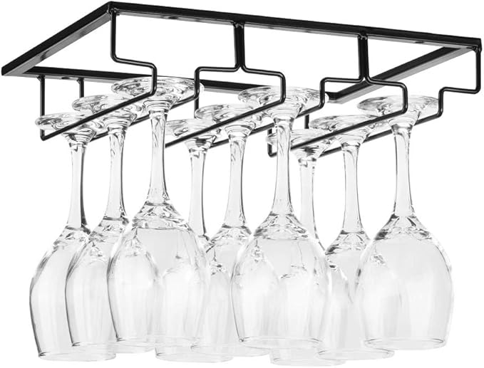 Wine Glass Rack - Under Cabinet Stemware Wine Glass Holder Glasses Storage Hanger Metal Organizer for Bar Kitchen Black