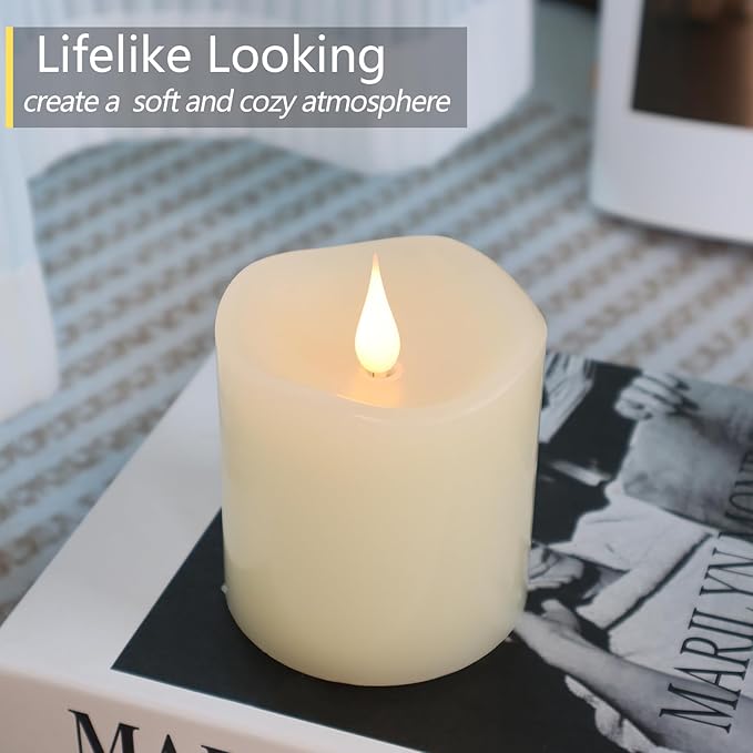 Flameless Candles Battery Operated with Timer, 3D Moving Flame Flickering, Last 600+ Hours Battery Candles, 3" x 3" Ivory Real Wax Electric LED Candle for Wedding Party Decorations