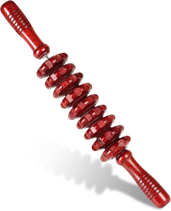 Liitrton Manual Wooden Fascia Massage Roller Trigger Points for Release Cellulite Sore Muscle Blasting (Red)