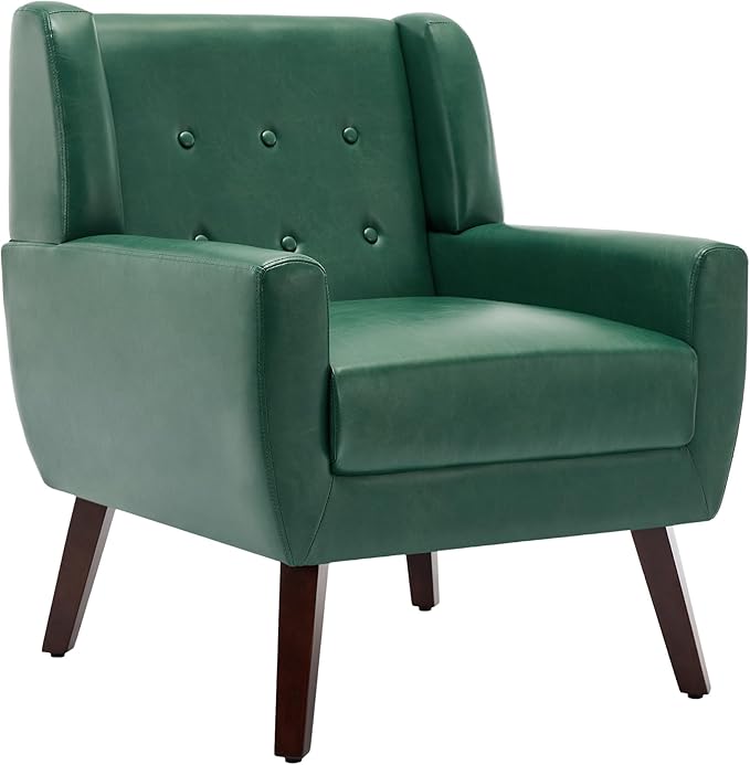 UIXE Faux Leather Accent Chair, Modern Arm Club Chair Upholstered Armchair for Living Room, Comfy Single Sofa Seats Button Tufted Reading Seating, Green