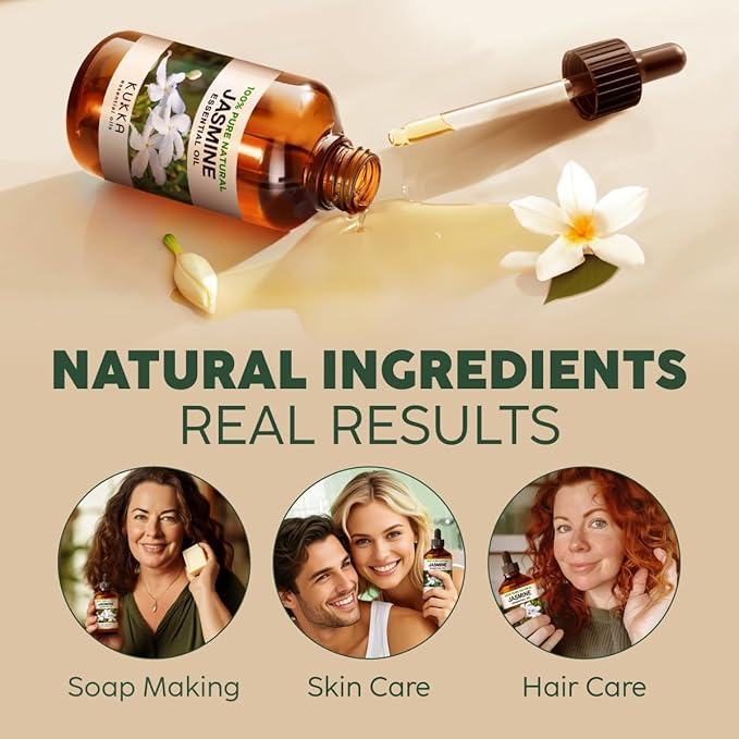Kukka Jasmine Essential Oil for Diffuser - 4 Fl Oz - 100% Pure Natural Jasmine Oil for Skin, Hair & Soap Making Scents - A Great Relaxing Floral Addition for Hair Care & Perfume