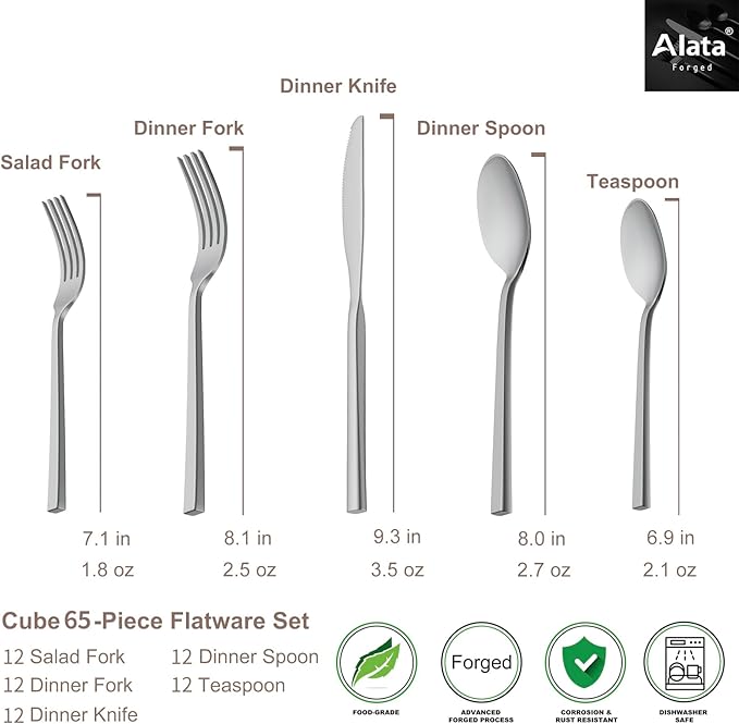 Alata Cube 65-Piece Forged Stainless Steel Flatware Set Cutlery Set with Utensil-Serving Set, Silverware Set Service for 12, Mirror Finish, Dishwasher Safe