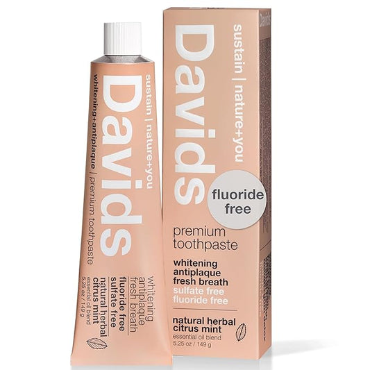 Davids Fluoride Free Toothpaste, Teeth Whitening, Antiplaque, SLS (Sulfate) Free, Promotes Enamel Health, Mouth & Gum Detox, EWG Verified, Natural Herbal Citrus Mint, 5.25oz
