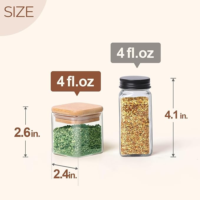 ComSaf Spice Jars with Labels 4 oz 6Pack, Small Spice Containers Starter Set, Glass Seasoning Jars with Lids, Square Seasoning Containers for Salt, Pepper, Chili Powder, Sugar, Ginger Ground, Cumin
