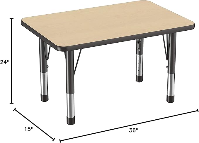FDP Rectangle Activity School and Classroom Kids Table (24 x 36 inch), Chunky Toddler Leg, Adjustable Height 15-24 inches - Maple Top and Black Edge