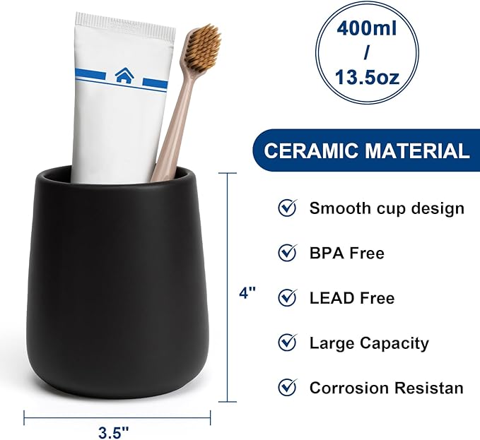 Bathroom Tumbler Cup Ceramic 2Pcs 13.5oz Reusable Toothbrush Cup 400ml, Toothbrush Holder Adequate for Your Bathroom (Black Brown)