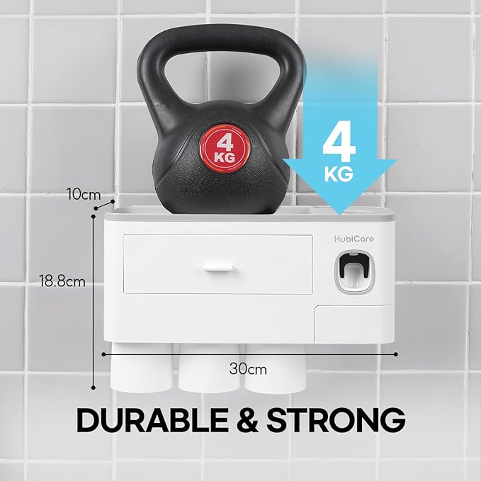 HubiCare Toothbrush Holder with Toothpaste Dispenser Wall Mounted for Bathroom, Automatic Toothpaste Squeezer, Bathroom Organization and Storage, 5 Toothbrush Slots (3 Cups)