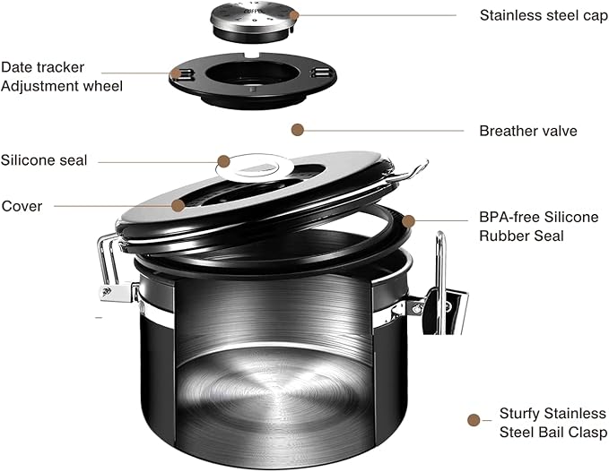 malmo Coffee Canister, Airtight Coffee Container with Date Tracker Lid, Stainless Steel Canister for Kitchen Food Storage (Black, 9oz)