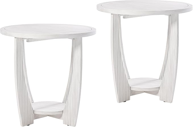 Rustic Farmhouse End Table Set of 2 with Storage Shelf - White Distressed