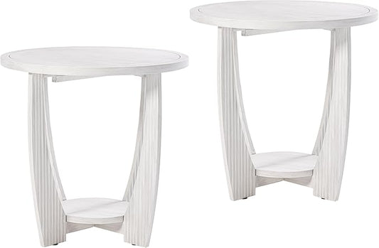 Rustic Farmhouse End Table Set of 2 with Storage Shelf - White Distressed