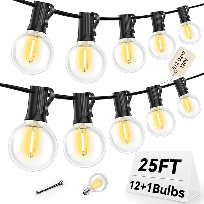 25FT G40 LED Outdoor String Lights with 12+1 Bulbs, E12 Socket, 2700K Warm White, Commercial Grade Weatherproof & Connectable for Garden, Patio, Backyard, Bistro, Porch, Deck, Gazebo, Camping, Party