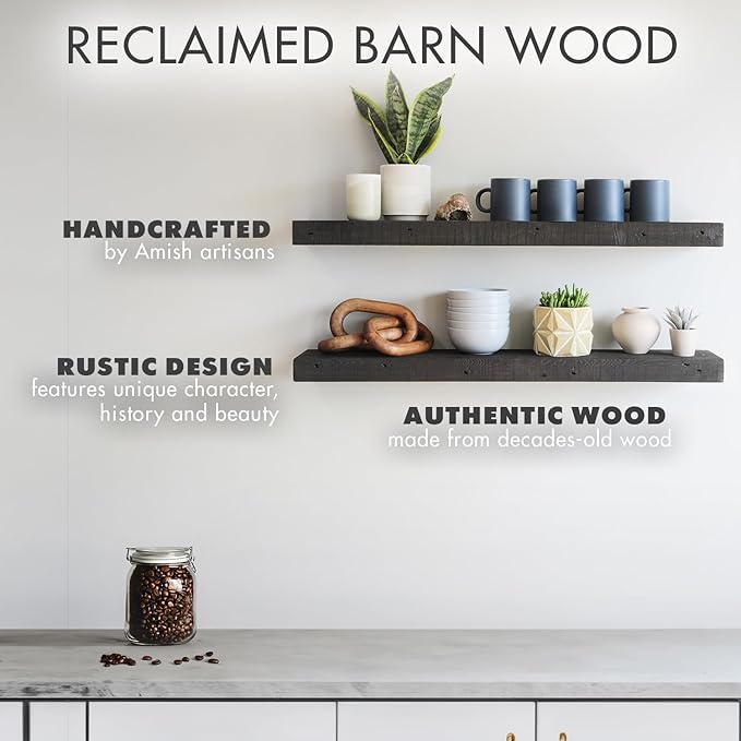 Urban Legacy Reclaimed Barnwood Planks | Floating Shelves for Wall w/Flush Mount Shelf Bracket Set Included | Set of 2 (Coffee Bean, 30"x 4.5"x 2")
