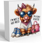 Funny Cute Highland Cow Baby Decor, Cow With Pink Bow, Highland Cow Gifts for women, Western Highland Cow Nursery Decor, Wooden Box Decor Sign for Home Farmhouse Office Living Room Table Shelf
