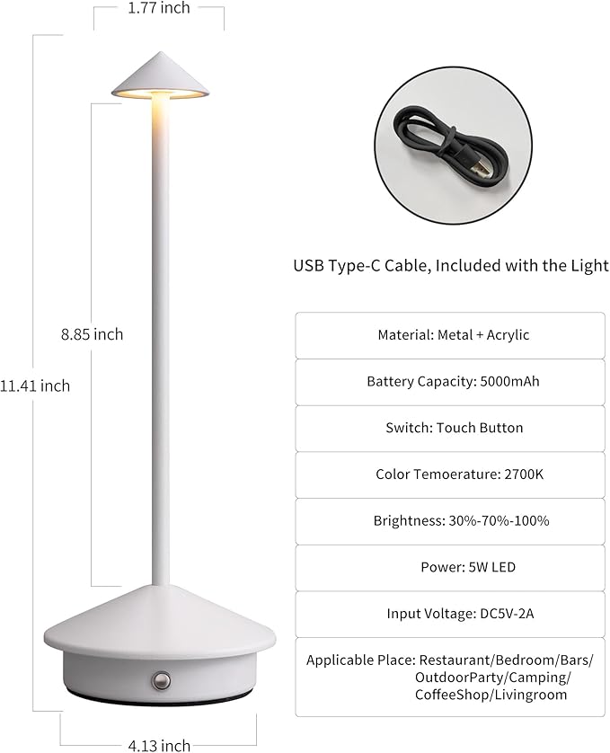Modern Cordless Table Lamp Set of 2, Portable LED Desk Lamps, 5000mAh Rechargeable Battery Operated Lighting for Bedroom Dining Room Restaurant Coffee Shop Camping Night Light (White)