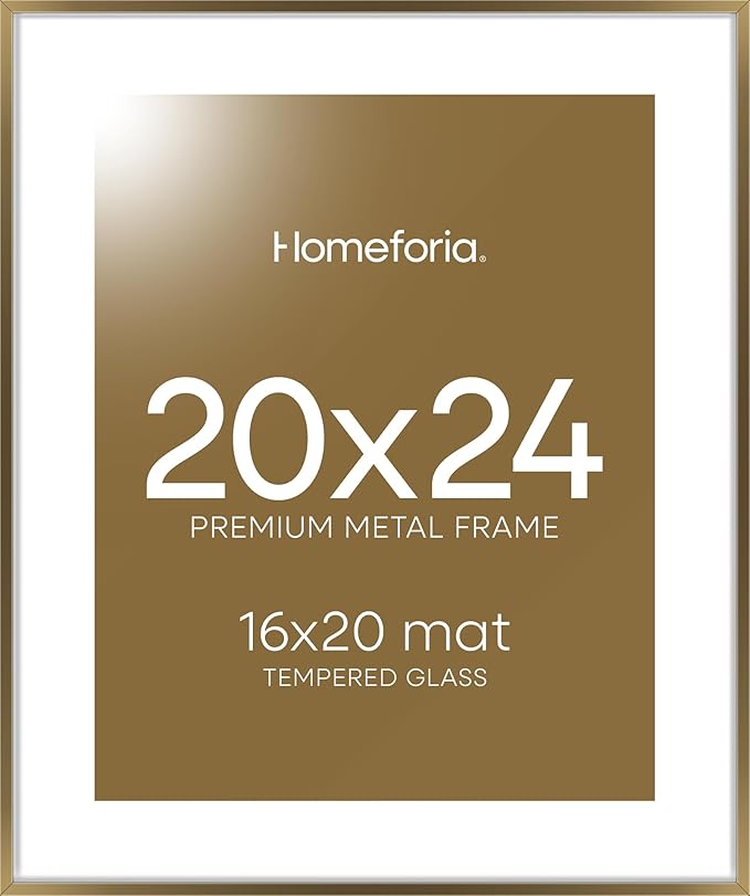 Homeforia Picture Bronze Frame 20x24, High End Metal 20x24 Brass Poster Frames with Mat 16x20 for Photo, 20 x 24 Frame Matted to 16 x 20 Print, 24x20 Hanging Frames, Tempered Glass, Wall Kit, Set of 1
