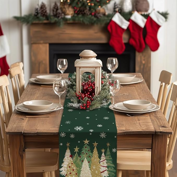 GEEORY Christmas Table Runner 13x72 Inch, Xmas Trees Snowflakes Holiday Decorative Farmhouse Table Decoration for Kitchen Dinning, Indoor Outdoor Dinner Party Decor (Green) GT152-72