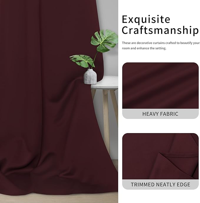 Easy-Going Blackout Curtains for Bedroom, Solid Thermal Insulated Grommet and Noise Reduction Window Drapes, Room Darkening Curtains for Living Room, 2 Panels(42x63 in, Wine)