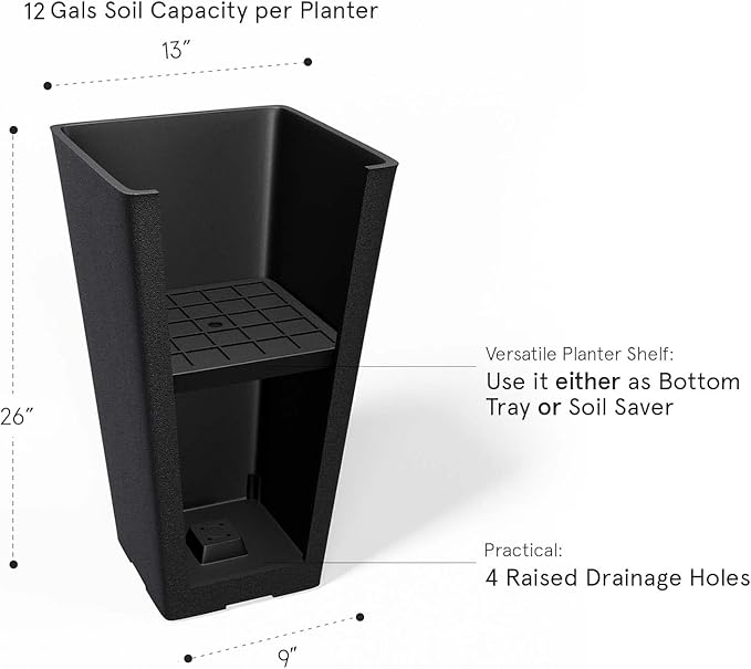 LA JOLIE MUSE 26 inch Tall Black Planters for Outdoor Plants,Set of 2 Tapered Planters with Trays,V-Shape Rectangular Garden Planters for Front Door, Patio and Deck