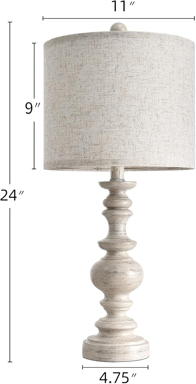 BOBOMOMO 24" Farmhouse Resin Table Lamp Set of 2, Vintage Lamps for Living Room Bedroom with Linen Shades, Traditional Rustic Bedside Lamps Retro Table Lamps for Living Room, Bedroom, Office