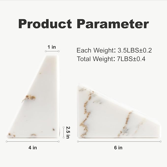 Marble Book Ends White, Heavy Duty Book Ends for Shelves, Decorative Natural Book Stopper，Unique Decorative Bookend for Home Shelves Calacatta Natural Marble Bookend, Set of 2