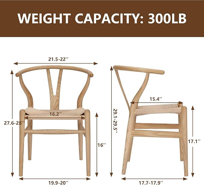 Wishbone Chair Natural Solid Wood Dining Chair/Hans Wegner Y Chair Rattan and Wood Accent Armrest Chairs Set of 2 (Ash Wood + Natural)