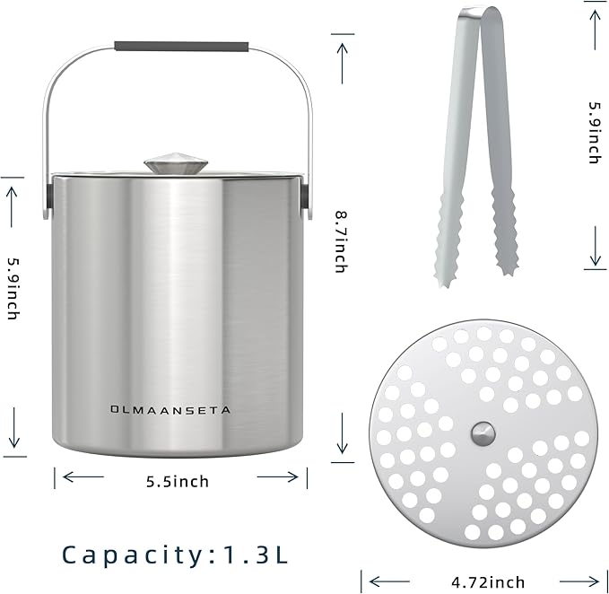 Small Ice Bucket with Lid and Tongs,1.3L Portable Mini Double Walled Ice Cube Bucket for Cocktail Bar Stainless Steel Cute Insulated Ice Buckets for Parties