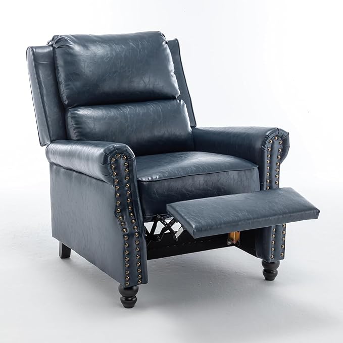 UIXE Pushback Recliner Chair, Faux Leather Armchair Overstuffed Accent Chair for Living Room, Rivet Trim Club Chair Home Theater Single Sofa Bedroom Side Reading Seat - Navy Blue