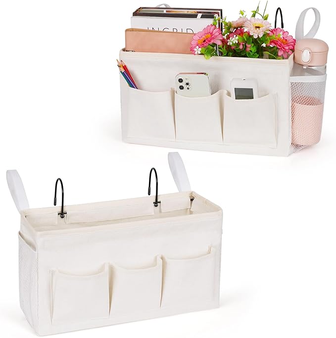 Bedside Caddy Organizer with Fixed Straps and Water Bottle Holder for Home, College Dorm, Hospital, Crib and Bunk Bed (2pcs White)