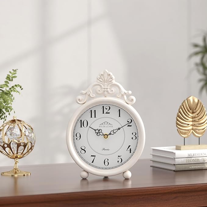 Vintage White Table Clock, Desk and Shelf Mantel Clock, French Rustic Antique Style Decor Clocks, for Farmhouse, Bedroom, Living Room, Bedside, Gift (9" H x 6.3" W)