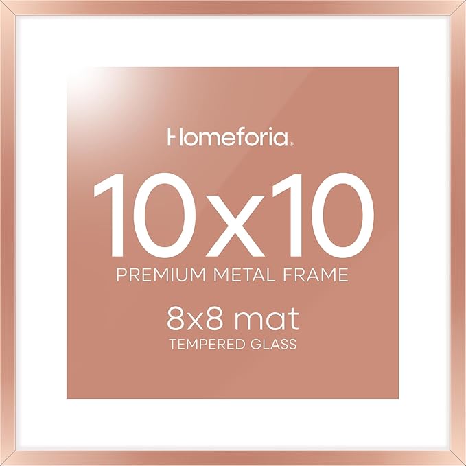 Homeforia 10x10 Picture Frame Rose Gold, High End Metal 10 by 10 Square Frames with Mat 8 x 8 Photo, 10by10 Poster Frame Matted to 8x8 Print, Wall or Tabletop Frame, Tempered Glass, Wall Kit, Set of 1