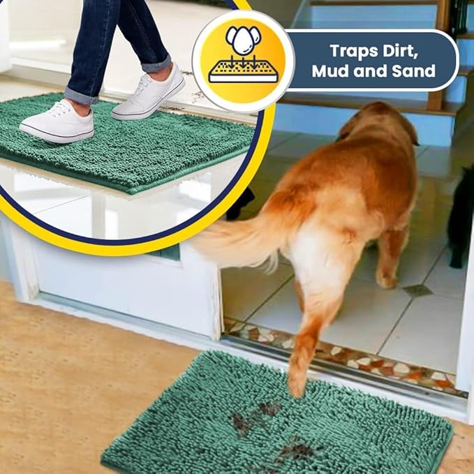 Muddy Mat® 4-Piece Seafoam Green Medium 30"X19" AS-SEEN-ON-TV Highly Absorbent Microfiber Door Mat, Bath Mat and Pet Rug, Non Slip Thick Washable, Soft Chenille for Kitchen Bedroom Indoor and Outdoor