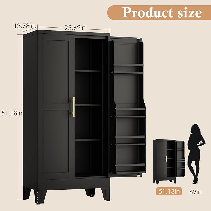 51" H Metal Kitchen Pantry Storage Cabinet, Freestanding Cupboard Storage Cabinet with Doors and Adjustable Shelves, Large Stand Up Food Cupboard for Living Room, Dinning Room, Black