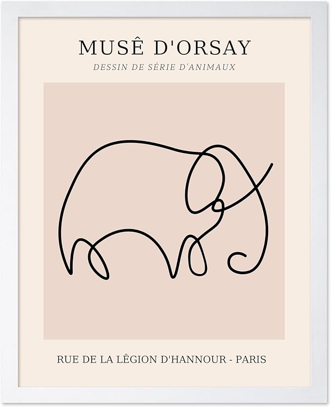 Poster Master Vintage Poster - Retro One Line Elephant Drawing Print - Elephant Art - Minimal Gift for Men, Women, Animal Lover - Abstract Wall Decor for Home, Office, 11x14 White Framed
