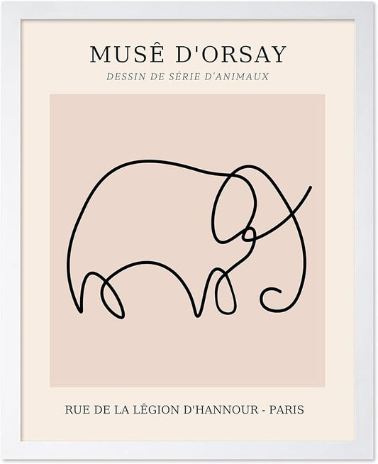 Poster Master Vintage Poster - Retro One Line Elephant Drawing Print - Elephant Art - Minimal Gift for Men, Women, Animal Lover - Abstract Wall Decor for Home, Office, 11x14 White Framed