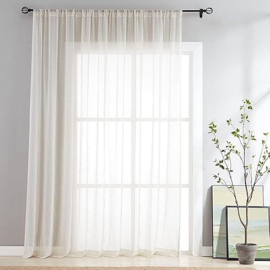 FMFUNCTEX Linen Sheer Sliding Door Curtains for Bedroom, Beige Curtains 84 Inches Long Window Curtain Drapes for Living Room, Natural Patio Glass Door Extra 100 Wide Curtain, Rod Pocket 1 Panel