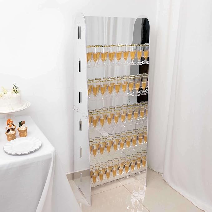 Tableclothsfactory Silver Mirror Finish 5-Tier Wine Glass Stemware Rack, 40 Champagne Flute Holder Foam Board Wall Stand - 5ft