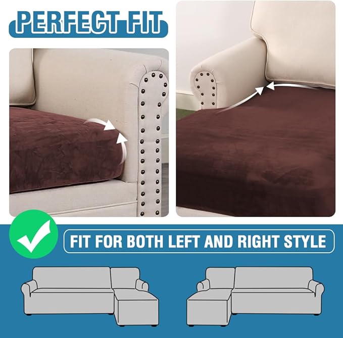 H.VERSAILTEX Velvet Stretch Sectional Couch Covers - 4 Piece L Shape Sofa Seat Cushion Set for 3 Seater + 1 Chaise (Brown)