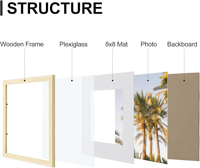 Vittanly 12x12 Picture Frames Set of 9, Shatter Resistant Plexiglass, Display 8x8 Pictures with Mat or 12x12 without Mat, Photo Frames for Wall Mount, Engineered Wood, OAK